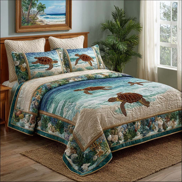 Ocean Harmony quilted 3-piece bedding set on a made bed in a light coastal bedroom
