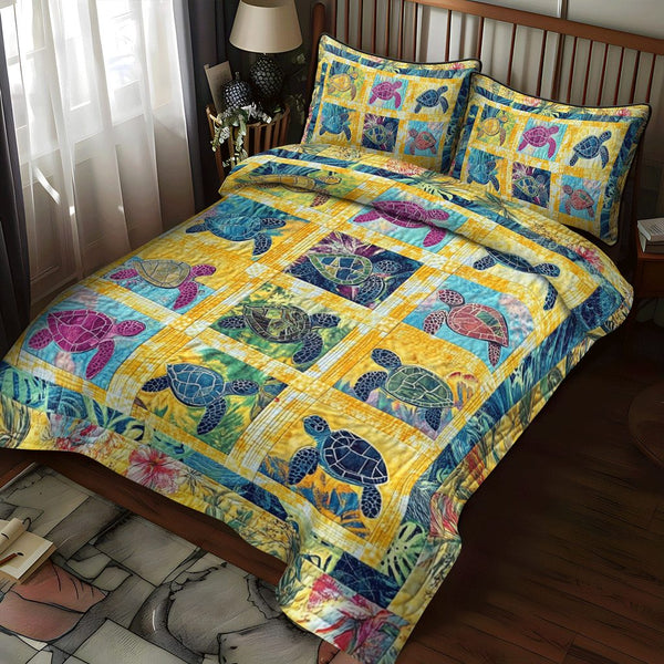 Ocean Harmony quilted 3-piece bedding set on a made bed in a light coastal bedroom