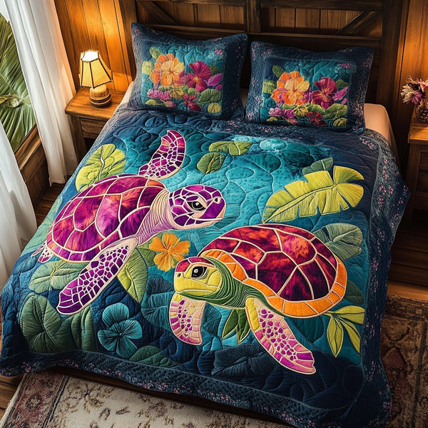 Ocean Harmony quilted 3-piece bedding set on a made bed in a light coastal bedroom