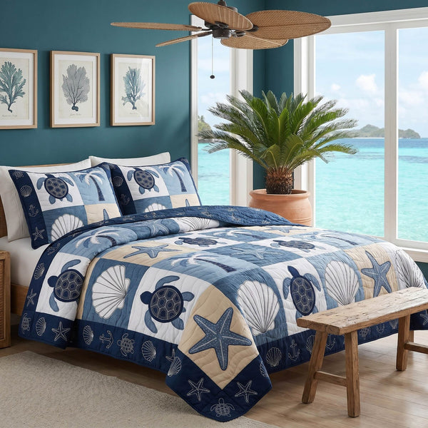 Ocean Haven quilted 3-piece bedding set on a made bed in a light coastal bedroom