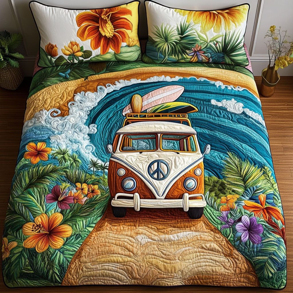 Ocean Horizon Escape quilted 3-piece bedding set on a made bed in a light coastal bedroom