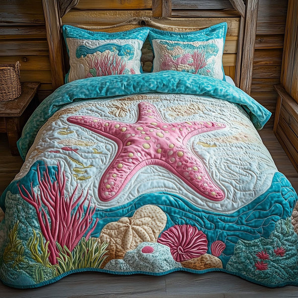 Ocean Jewel Star quilted 3-piece bedding set on a made bed in a light coastal bedroom