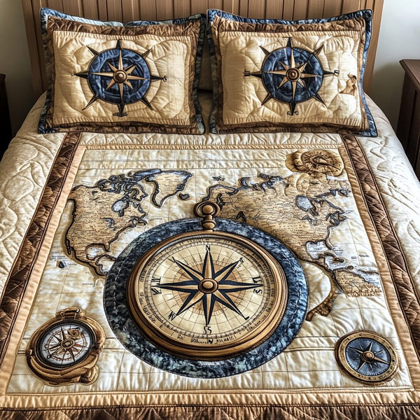 Ocean Journey quilted 3-piece bedding set on a made bed in a light coastal bedroom