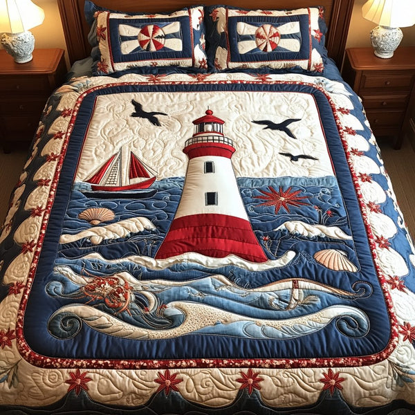Ocean Light quilted 3-piece bedding set on a made bed in a light coastal bedroom