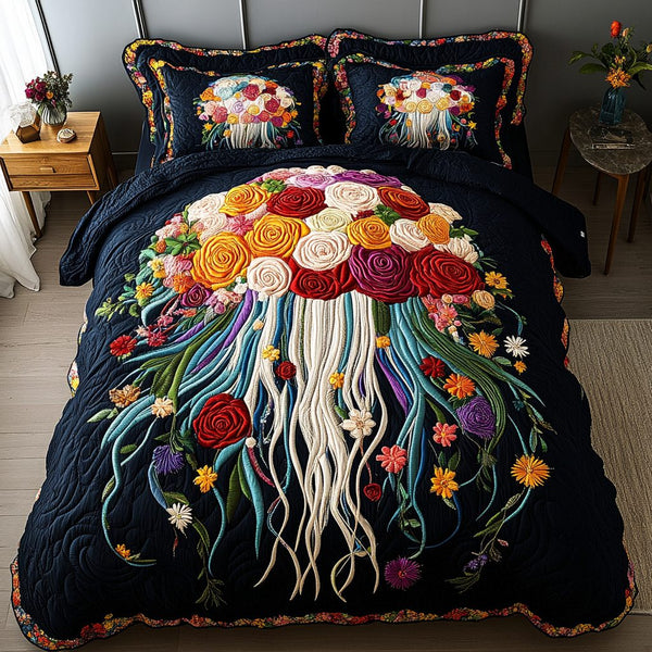 Ocean Lights quilted 3-piece bedding set on a made bed in a light coastal bedroom