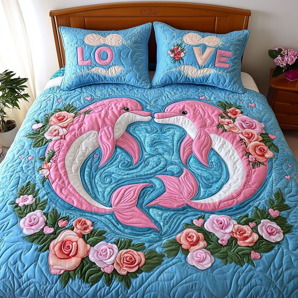 Ocean Love Duo quilted 3-piece bedding set on a made bed in a light coastal bedroom