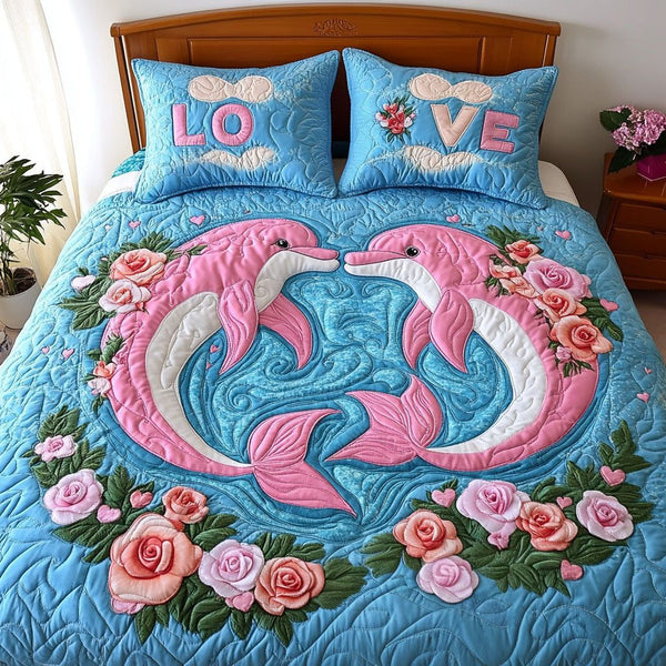 Ocean Love Duo quilted 3-piece bedding set on a made bed in a light coastal bedroom