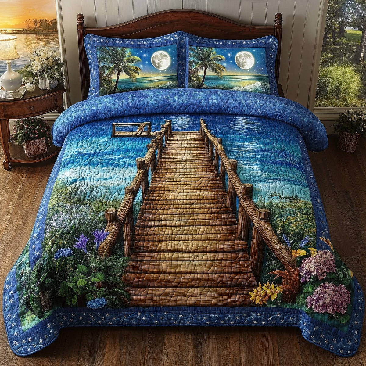 Ocean Lullaby quilted 3-piece bedding set on a made bed in a light coastal bedroom