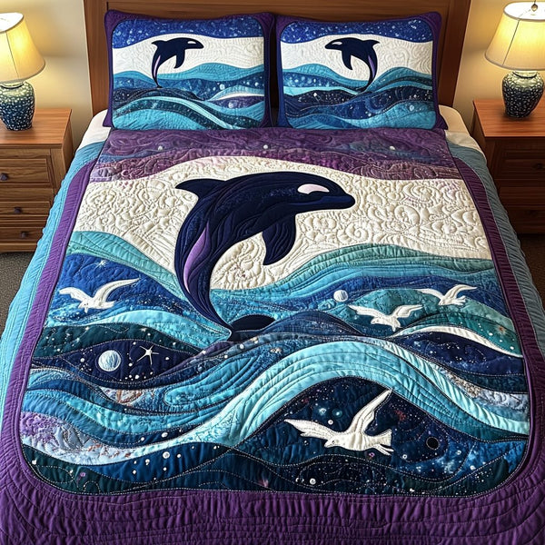 Ocean Majesty quilted 3-piece bedding set on a made bed in a light coastal bedroom