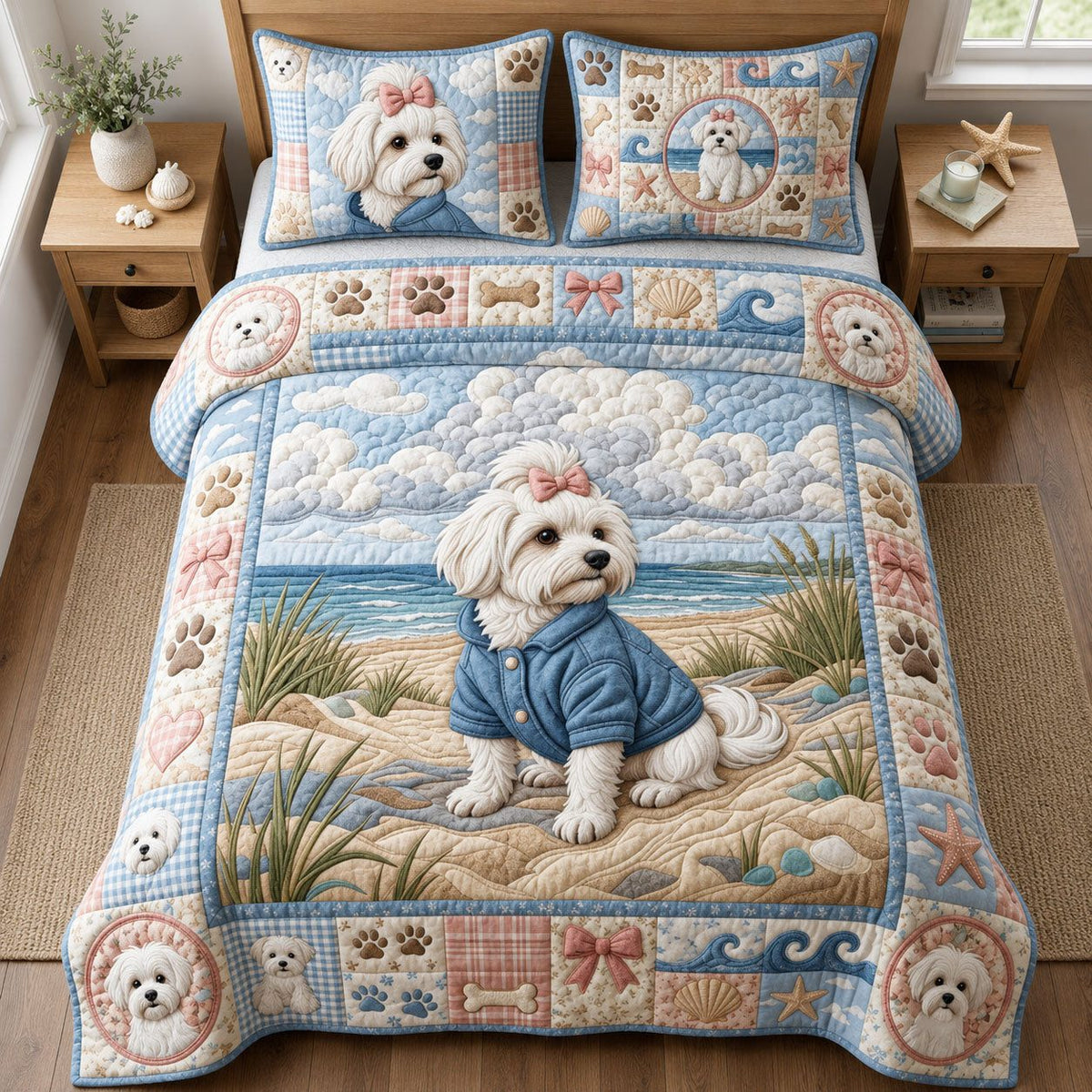 Ocean Maltese quilted 3-piece bedding set on a made bed in a light coastal bedroom