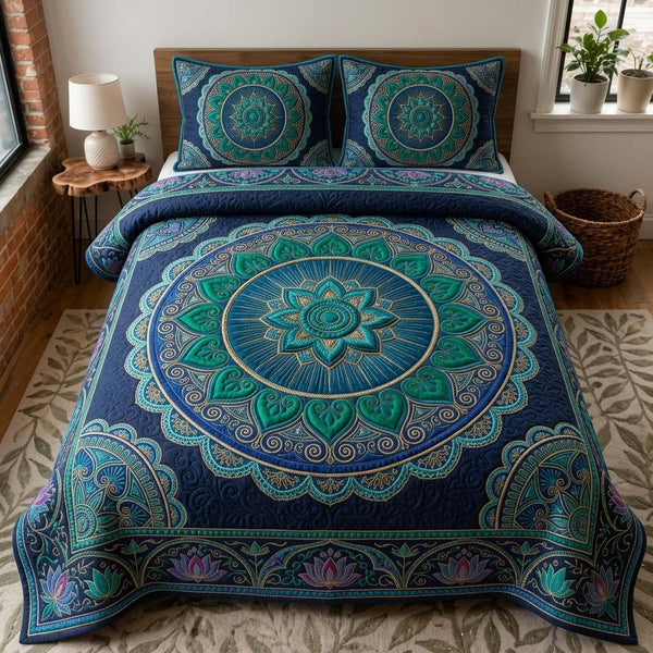 Ocean Mandala Glow quilted 3-piece bedding set on a made bed in a light coastal bedroom