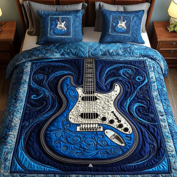 Ocean Melody quilted 3-piece bedding set on a made bed in a light coastal bedroom