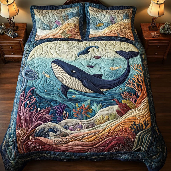 Ocean Melody quilted 3-piece bedding set on a made bed in a light coastal bedroom