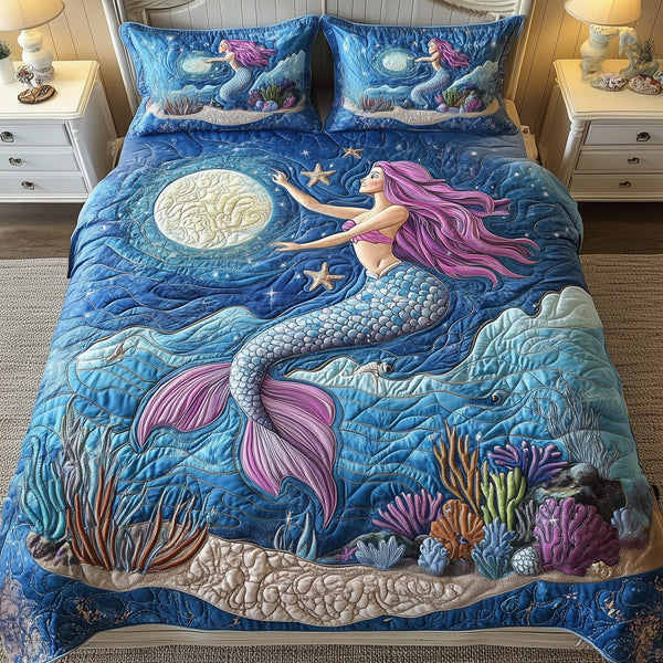 Ocean Mermaid Paradise quilted 3-piece bedding set on a made bed in a light coastal bedroom