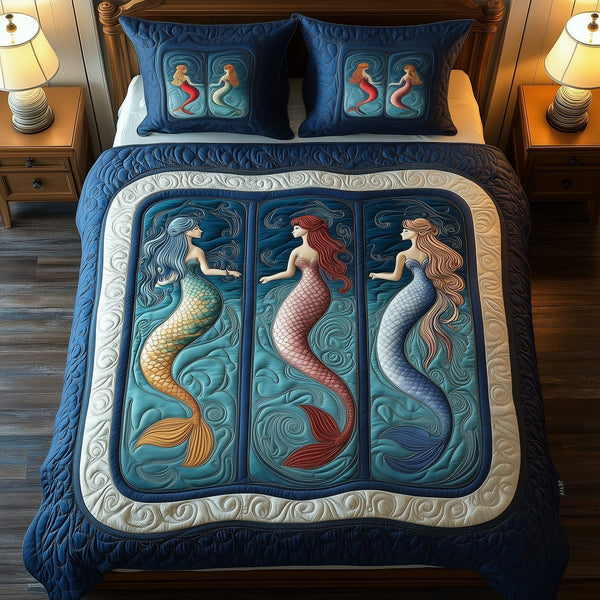 Ocean Mermaid Paradise quilted 3-piece bedding set on a made bed in a light coastal bedroom