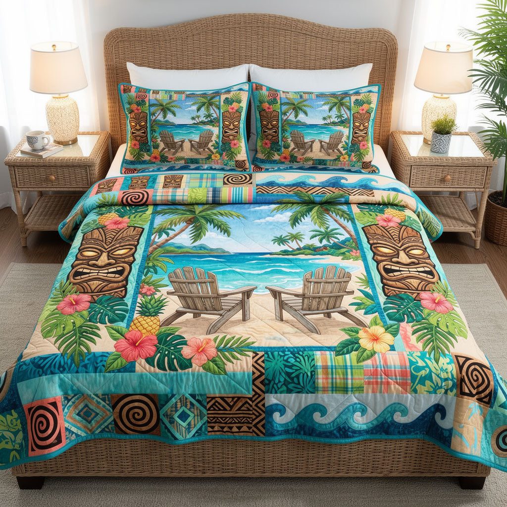 Ocean Mist quilted 3-piece bedding set on a made bed in a light coastal bedroom