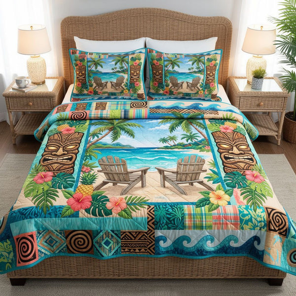 Ocean Mist quilted 3-piece bedding set on a made bed in a light coastal bedroom