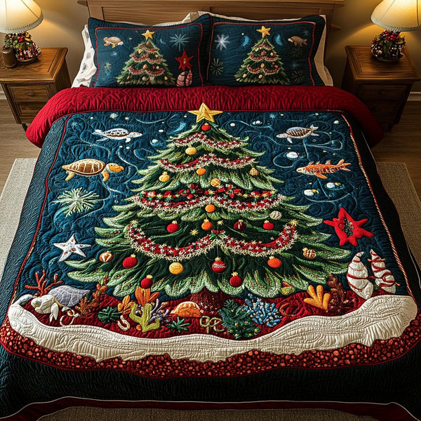 Ocean Noel quilted 3-piece bedding set on a made bed in a winter-styled bedroom