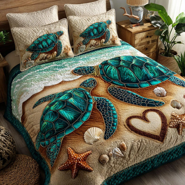Ocean Pair quilted 3-piece bedding set on a made bed in a light coastal bedroom