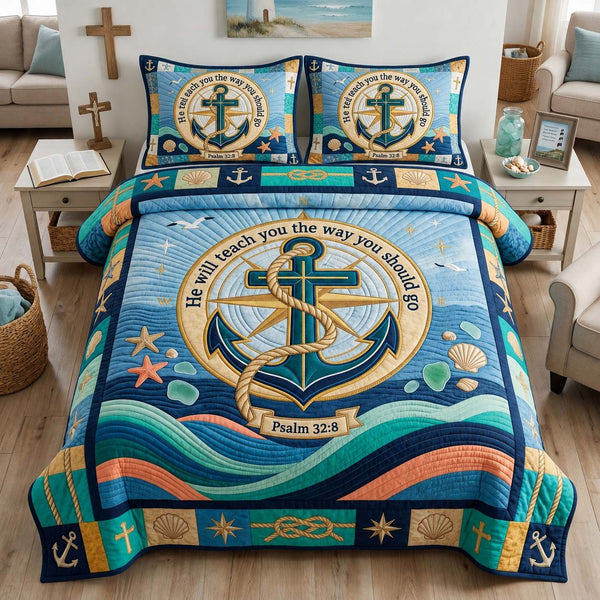 Ocean Path quilted 3-piece bedding set on a made bed in a light coastal bedroom