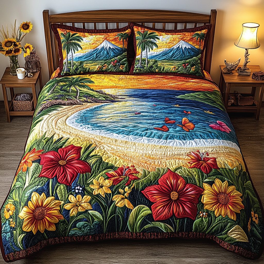 Ocean Path quilted 3-piece bedding set on a made bed in a light coastal bedroom