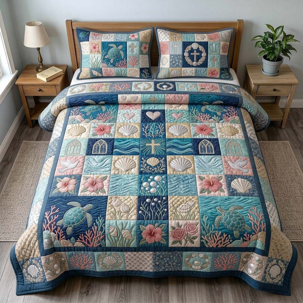 Ocean Prayer Patchwork quilted 3-piece bedding set on a made bed in a softly lit bedroom