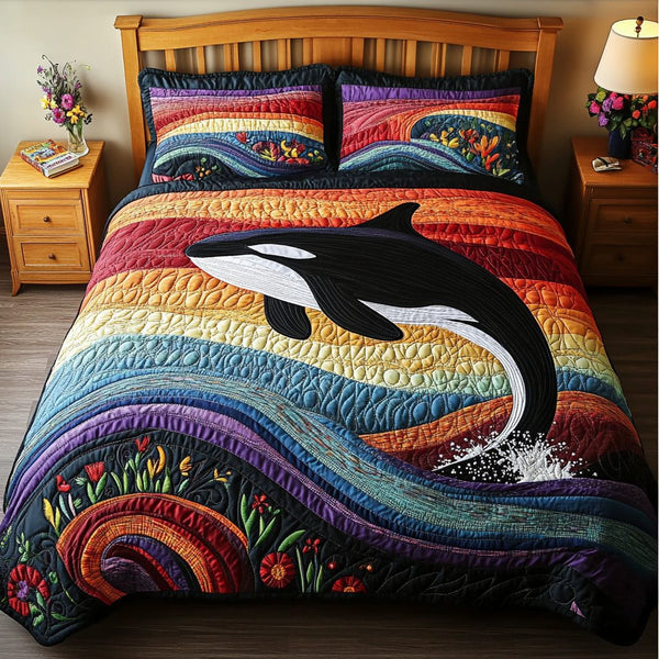 Ocean Predator quilted 3-piece bedding set on a made bed in a light coastal bedroom
