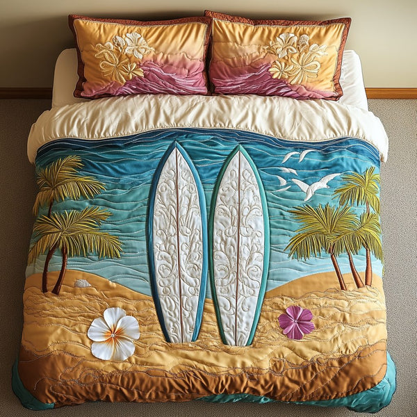 Ocean Pulse quilted 3-piece bedding set on a made bed in a light coastal bedroom