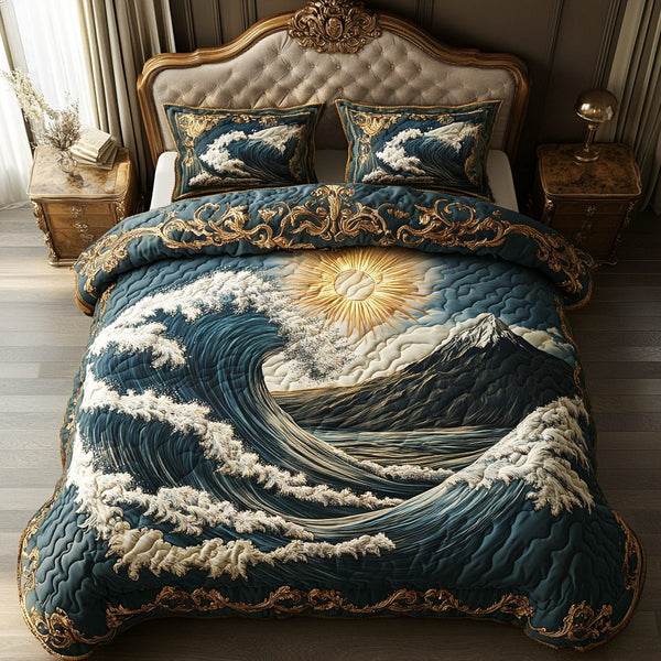 Ocean Pulse quilted 3-piece bedding set on a made bed in a light coastal bedroom