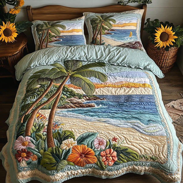 Ocean quilted 3-piece bedding set on a made bed in a light coastal bedroom