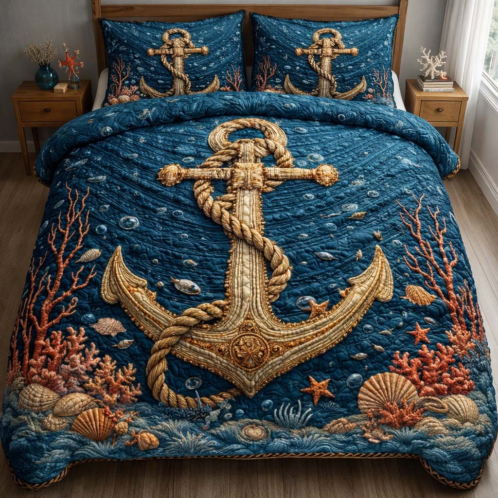 Ocean Reef Anchor quilted 3-piece bedding set on a made bed in a light coastal bedroom