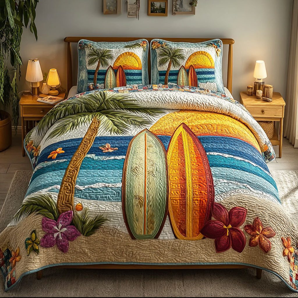 Ocean Retreat quilted 3-piece bedding set on a made bed in a light coastal bedroom