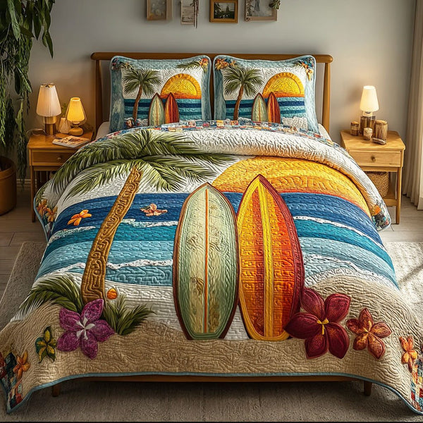 Ocean Retreat quilted 3-piece bedding set on a made bed in a light coastal bedroom