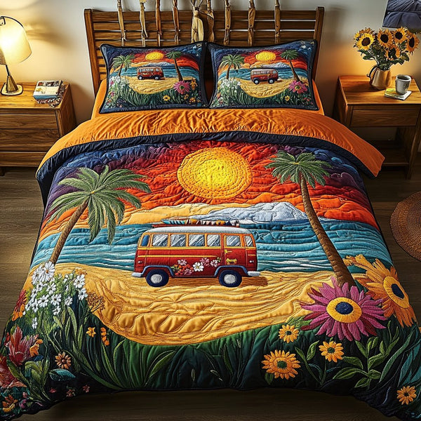 Ocean Ride quilted 3-piece bedding set on a made bed in a light coastal bedroom