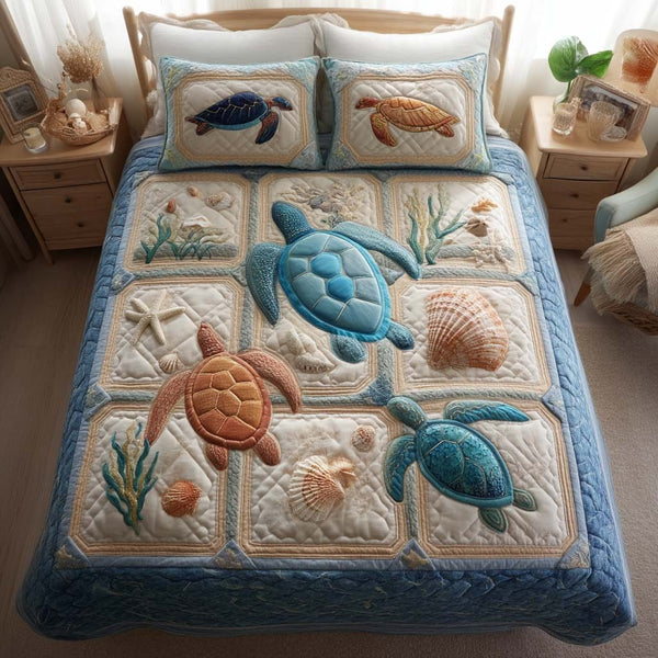 Ocean's Embrace quilted 3-piece bedding set on a made bed in a light coastal bedroom