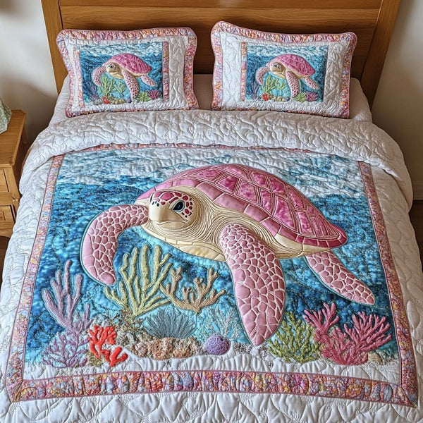 Ocean Serenity quilted 3-piece bedding set on a made bed in a light coastal bedroom