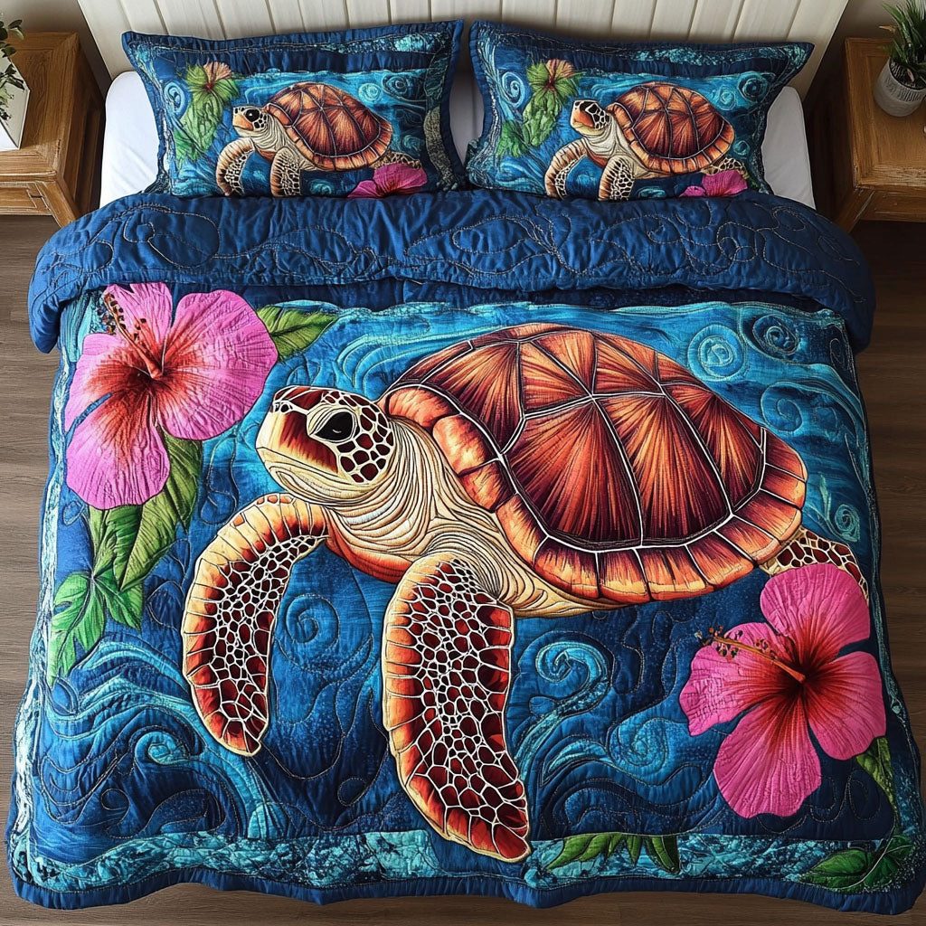 Ocean Serenity quilted 3-piece bedding set on a made bed in a light coastal bedroom