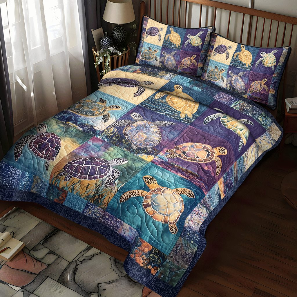 Ocean Serenity quilted 3-piece bedding set on a made bed in a light coastal bedroom
