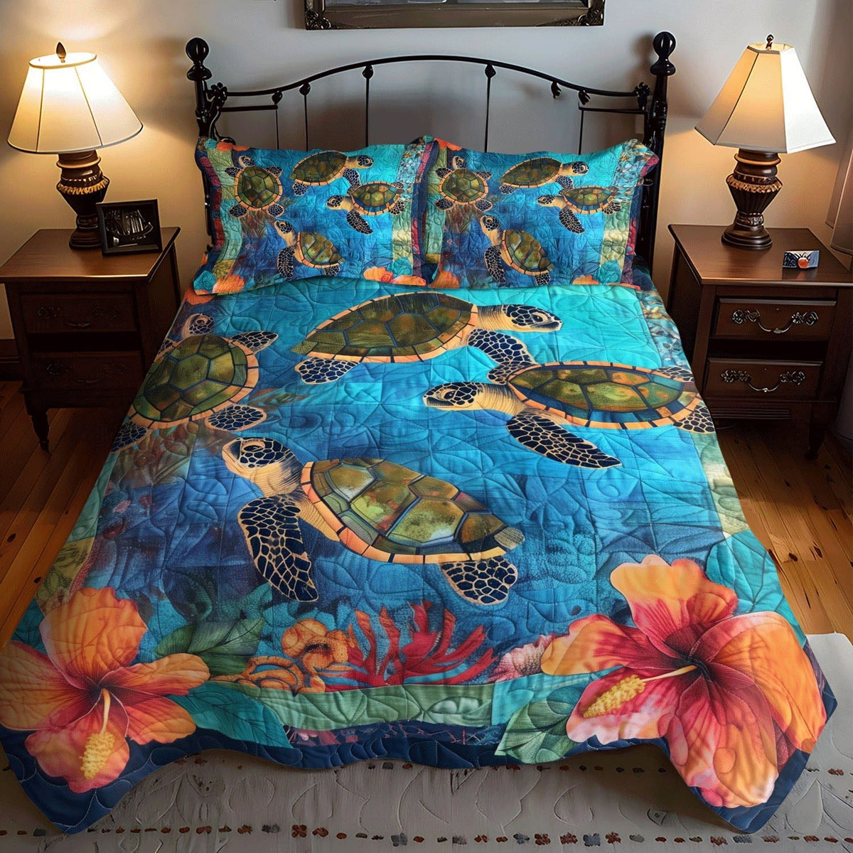 Ocean Serenity quilted 3-piece bedding set on a made bed in a light coastal bedroom