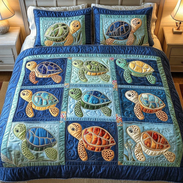Ocean Serenity quilted 3-piece bedding set on a made bed in a light coastal bedroom