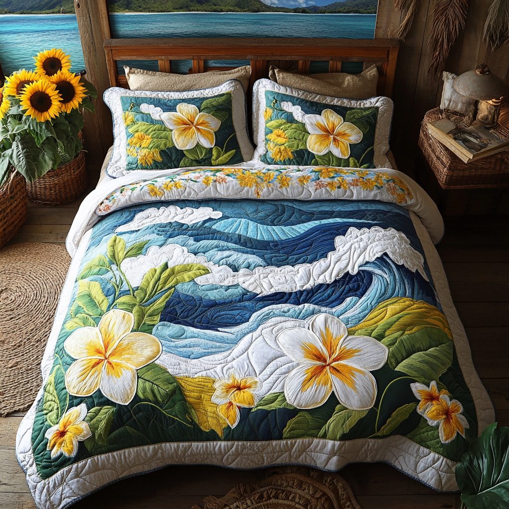 Ocean Serenity quilted 3-piece bedding set on a made bed in a light coastal bedroom