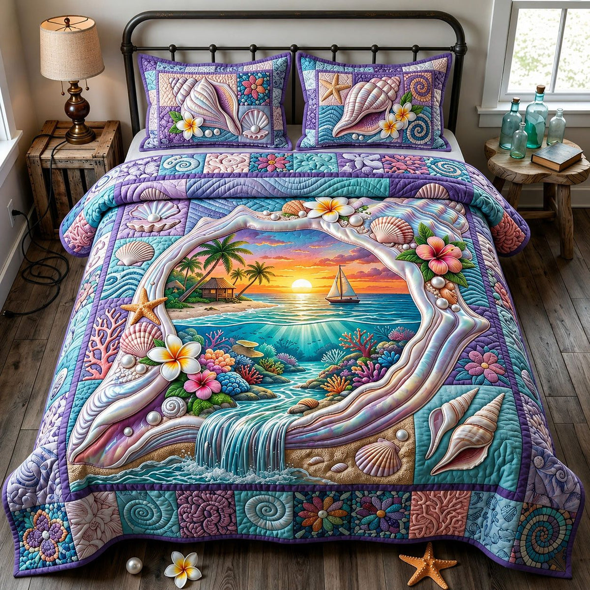 Ocean Shell View quilted 3-piece bedding set on a made bed in a light coastal bedroom