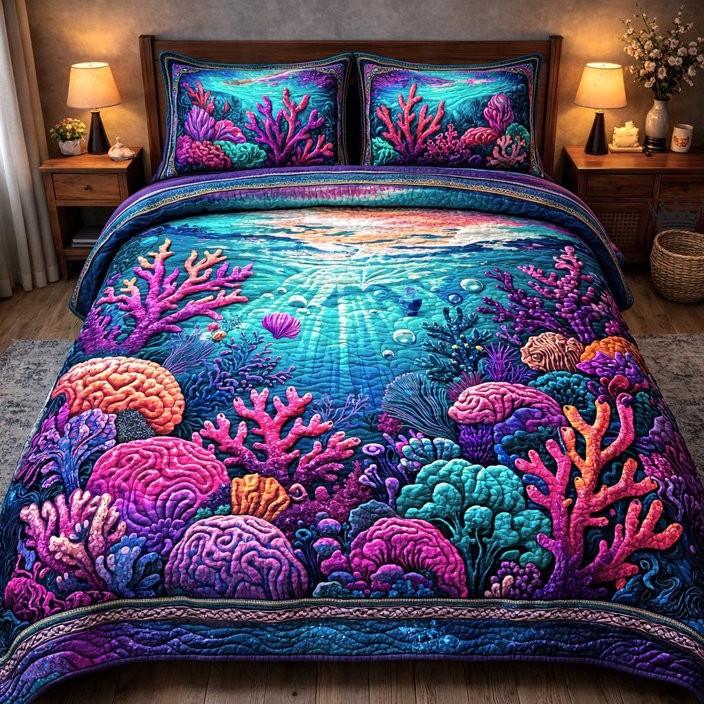 Ocean Shells quilted 3-piece bedding set on a made bed in a light coastal bedroom