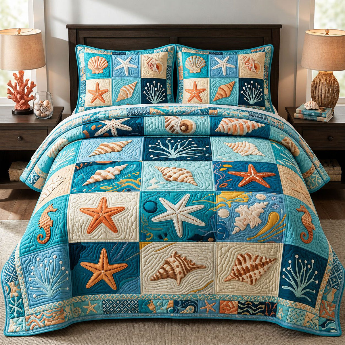 Ocean Shells quilted 3-piece bedding set on a made bed in a light coastal bedroom
