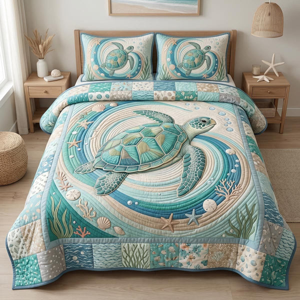 Ocean Spiral quilted 3-piece bedding set on a made bed in a light coastal bedroom