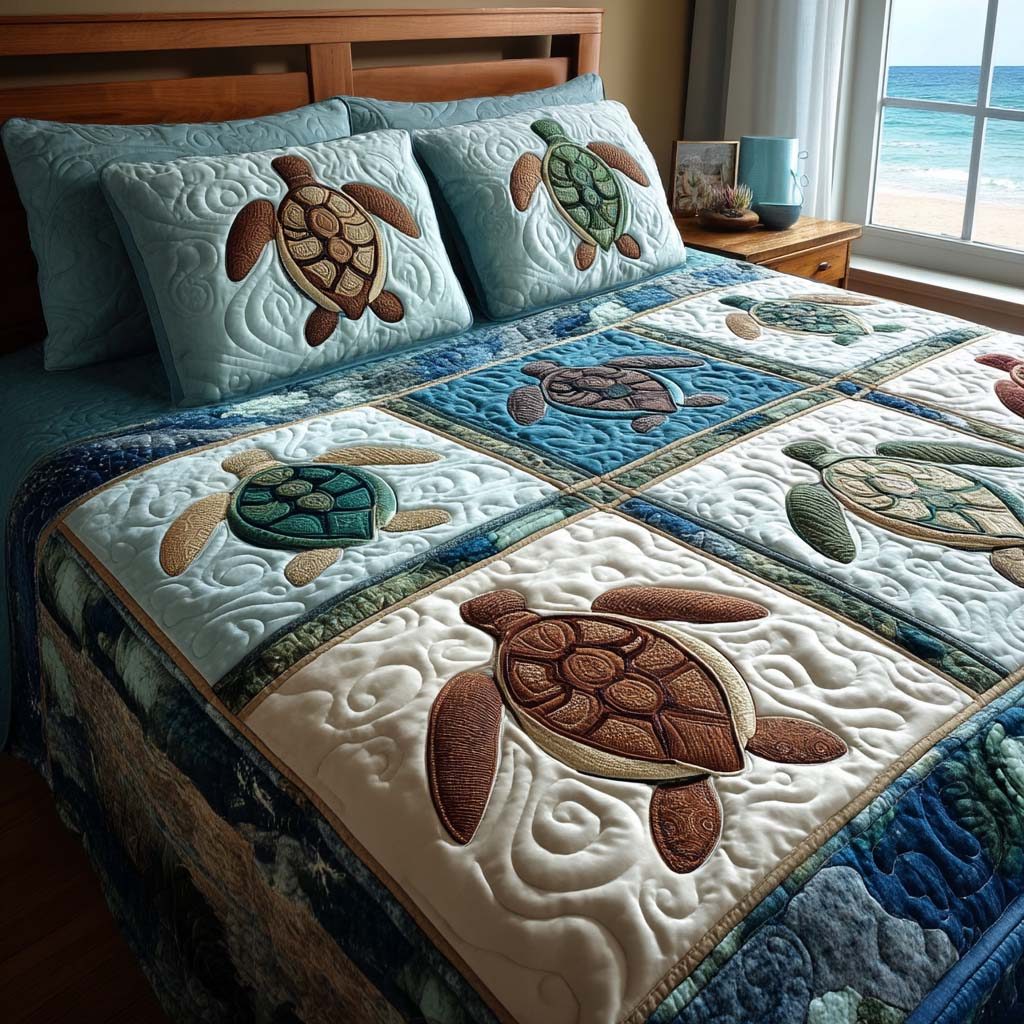 Ocean Spirit quilted 3-piece bedding set on a made bed in a light coastal bedroom