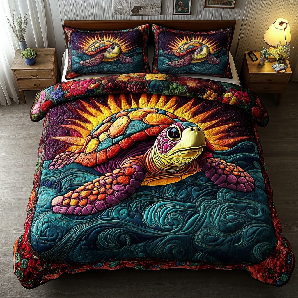 Ocean Sunrise quilted 3-piece bedding set on a made bed in a light coastal bedroom
