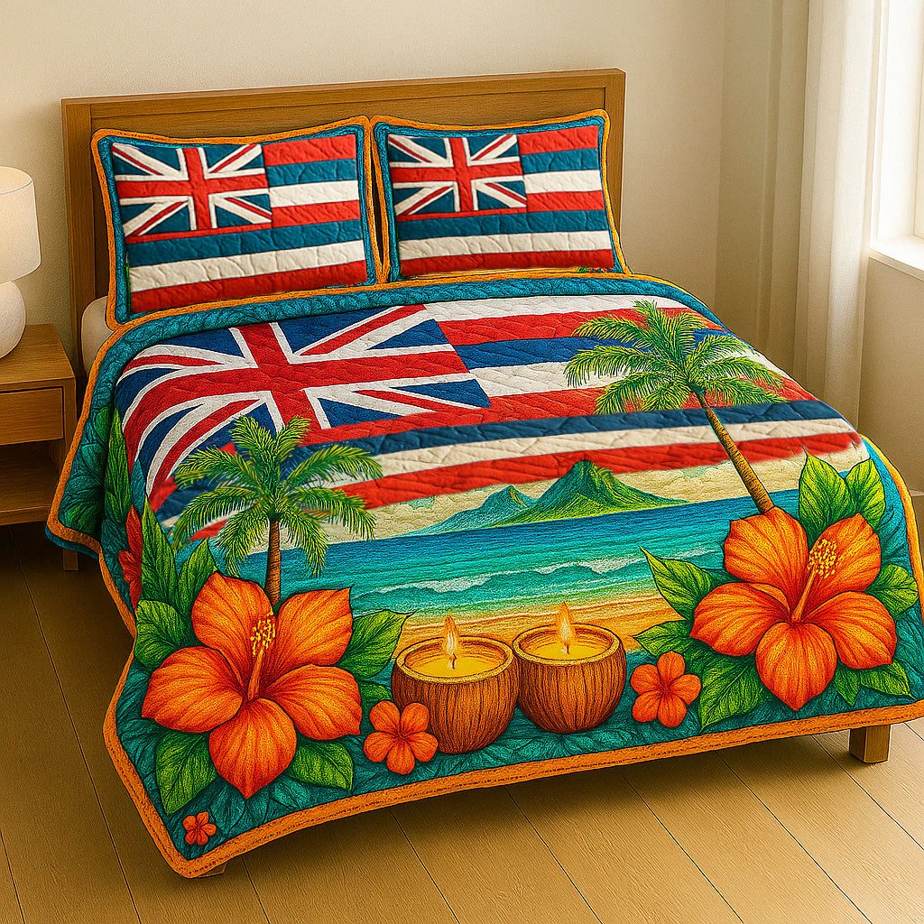 Ocean Sunset quilted 3-piece bedding set on a made bed in a light coastal bedroom