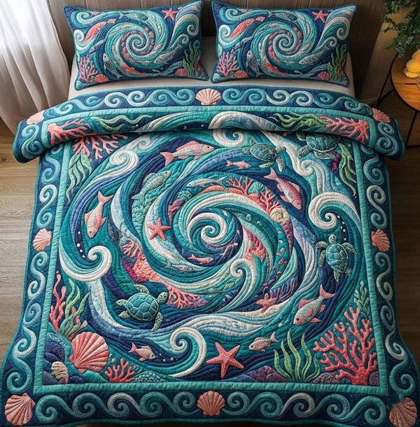 Ocean Swirl quilted 3-piece bedding set on a made bed in a light coastal bedroom