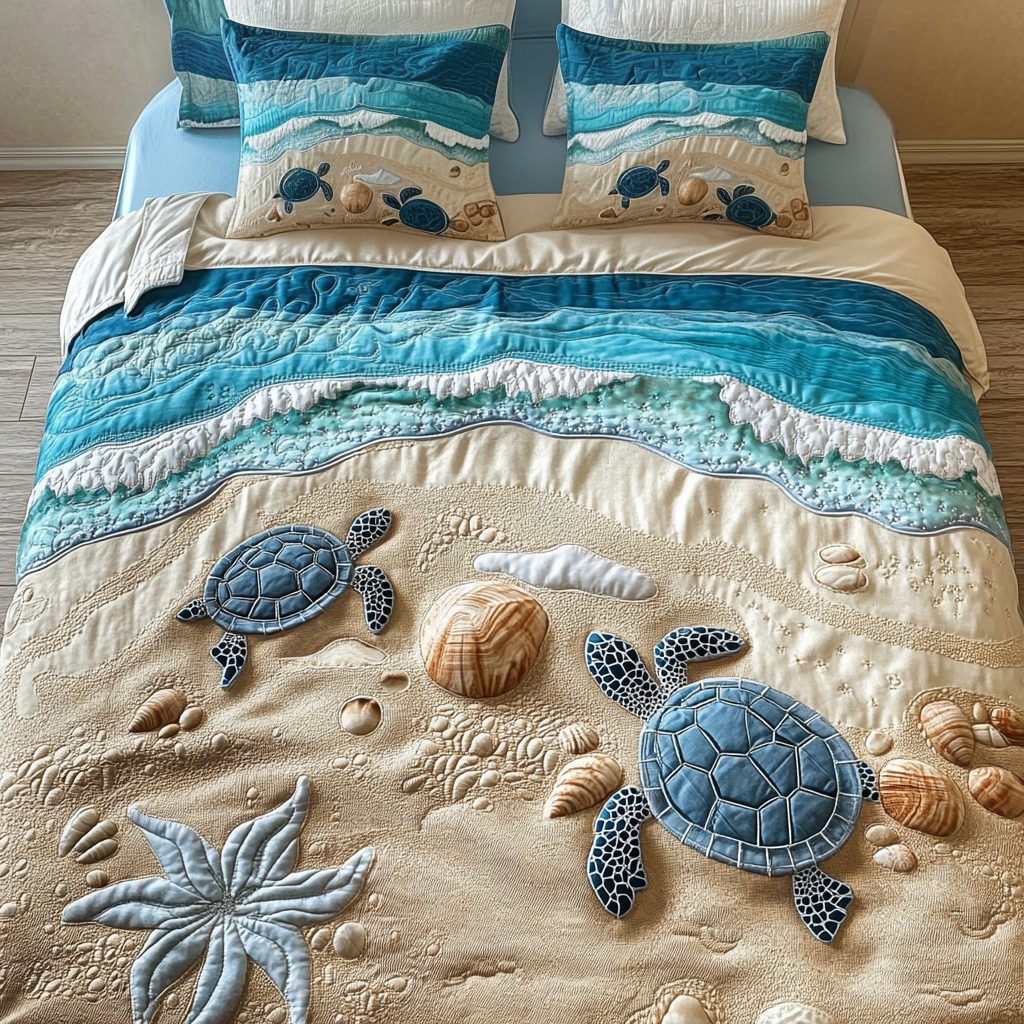Ocean Traveler quilted 3-piece bedding set on a made bed in a light coastal bedroom